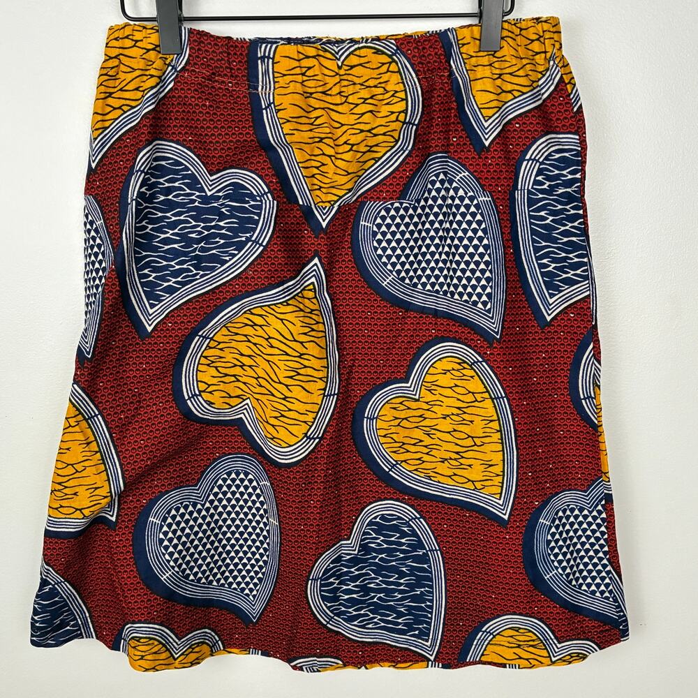 African Wax Print Ankara Heart Red Knee Length Skirt Womens M Artisan Maximalist